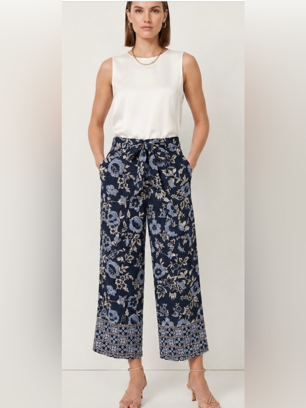 LOFT Navy Wide-Leg Floral Pants with Light Blue Accents